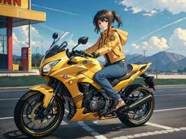 ai generado hermosa amarillo chaqueta anime niña montando un motocicleta en gas estación antecedentes foto