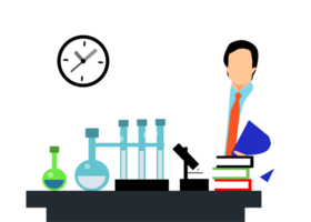 a man in a lab coat is standing in front of a table with books and a clock png