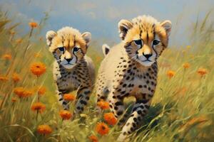 AI generated A painting of two cheetahs in a field of flowers photo