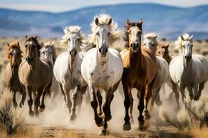 ai generado un grupo de caballos corriendo en un suciedad la carretera foto