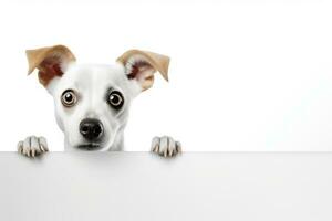 ai generado sorprendido perro con grande ojos mirando desde detrás un blanco marco foto