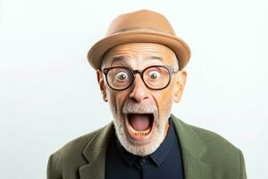 AI generated Surprised old man with glasses and hat photo