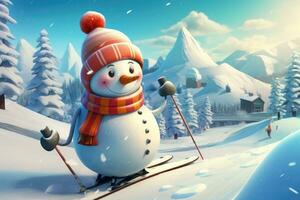 AI generated Cute snowman on skis in the mountains photo