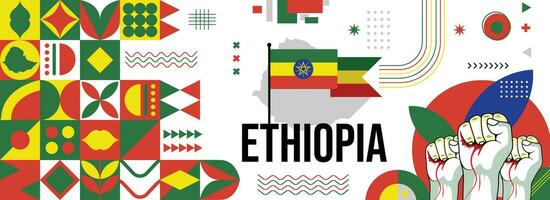 Ethiopia national or independence day banner for country celebration. Flag and map of Ethiopia with raised fists. Modern retro design with typorgaphy abstract geometric icons. Vector illustration