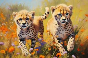 AI generated A painting of two cheetahs in a field of flowers photo