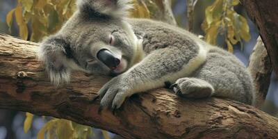 AI generated Koala asleep in tree. AI Generated photo