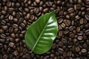 AI generated Green leaves with coffee beans as background. AI Generated photo