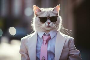 ai generado un gato es vistiendo Gafas de sol, traje y en pie en calle. ai generado foto