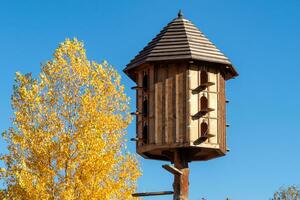The wooden dovecote on the background of the blue sky. A large pigeon loft or dovecote. photo