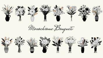 Set of vector monochrome bouquets. Hand drawn spring flowers in vase. Flowers outline.