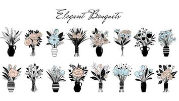 Set of vector monochrome bouquets. Roses, daisy. Hand drawn spring flowers in vase.