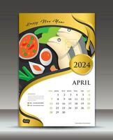 calendario 2024 modelo tailandés comida concepto vector, abril plantilla, escritorio calendario 2024 vector diseño, pared calendario 2024 año, impresión medios de comunicación, póster, folleto volantes vector, oro antecedentes