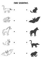 Find the correct shadows of black and white South American animals. Logical puzzle for kids. vector