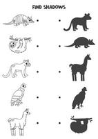 Find the correct shadows of black and white South American animals. Logical puzzle for kids. vector