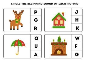 Worksheet for kids. Find the beginning sound of cute Christmas characters. vector
