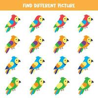 Find different parrot in each row. Logical game for preschool kids. vector