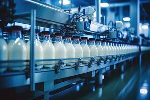 AI generated Milk factory. Robotic factory line for processing and bottling of milk. photo