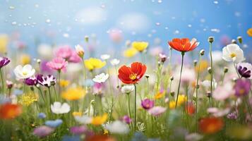 AI generated Flower field in sunlight, spring or summer garden background photo