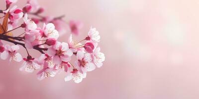 AI generated Beautiful nature spring background with a branch of blooming sakura. Copy space for text photo