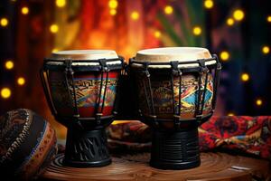 AI generated Two colorful bongo drums on a table photo