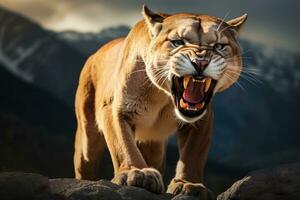 AI generated Roaring cougar or mountain lion hunts its prey photo