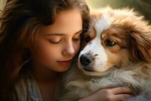 ai generado un niña abrazando un perro foto