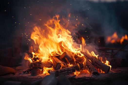 AI generated Campfire at touristic camp at nature . Flame amd fire sparks on dark abstract background. photo
