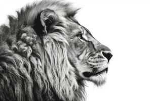 AI generated Black and white portrait of a lion with a long mane photo