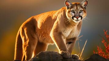 ai generado un majestuoso Puma en un rocoso afloramiento a puesta de sol foto