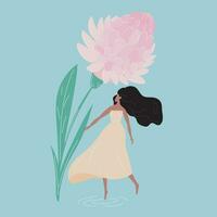 pequeño mujer cerca el enorme primavera flor. internacional De las mujeres día ilustración para tarjeta, póster, volantes. grande jengibre flor y morena niña en largo vestir vector