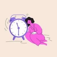 Alarm clock call in the morning. Sleeping woman near the ringing alarm clock. Lazy awakening. Girl leaned against the clock vector