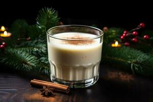 AI generated Christmas hot drink. Eggnog with cinnamon in glass photo