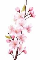 AI generated Pink cherry blossom on white background, isolated Sakura tree branch photo