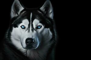 ai generado siberiano fornido perro con azul ojos en negro antecedentes. Copiar espacio para texto. foto