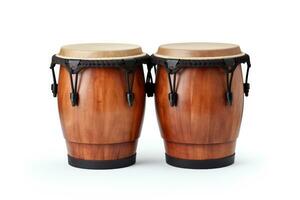 ai generado dos de madera tambores con negro correas bongo tambores aislado en un blanco antecedentes foto