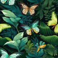 AI generated Seamless pattern colorful butterflies and leaves photo