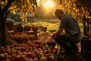 AI generated A man kneeling on the ground with a bucket of apples photo