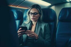 ai generado un mujer es sentado en un avión asiento y mirando a su teléfono foto