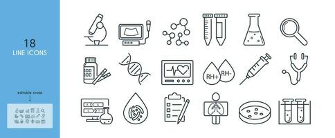 Clinical trials, research, study line icon set. Medical laboratory. microscope,test tubes,centrifuge, ultrasound machine,blood, stethoscope, dna, genetic analysis,rhesus factor. Editable stroke. vector