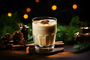 AI generated Christmas hot drink. Eggnog with cinnamon in glass photo