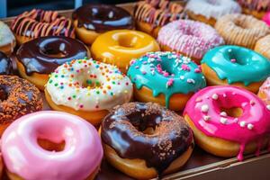 ai generado rosquillas de diferente sabores y colores en un calle mercado foto