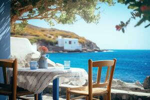 AI generated Greek culture with traditional white and blue greek architecture, taverna photo
