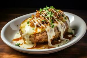 AI generated Baked potatoes with cheese on plate photo