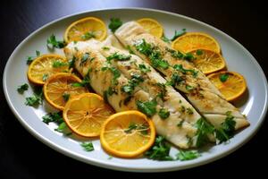 AI generated Tilapia fish baked with garlic and lemon photo