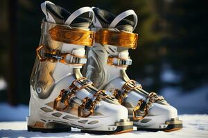 AI generated Side view of modern ski boot on mountain background photo