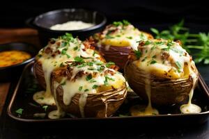 AI generated Baked potatoes with cheese on plate photo