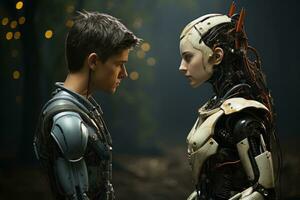 AI generated Young man and a humanoid female robot look at each other photo