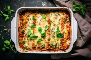 AI generated Lasagna in a white baking dish photo