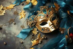 AI generated Festive venetian carnival mask on gray background, new year celebration photo