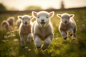 AI generated Happy lambs running in the meadow. photo